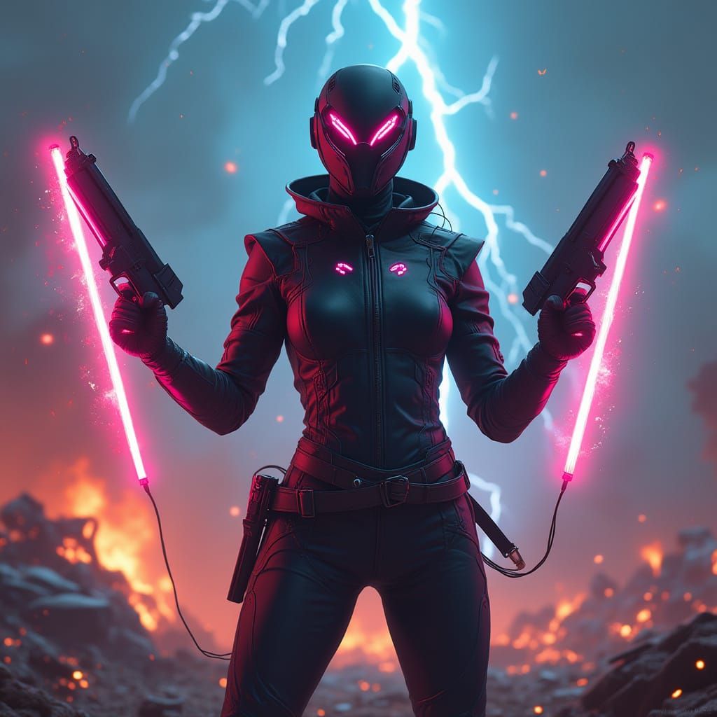 Futuristic Fighter with Plasma Pistols in Neon Battle