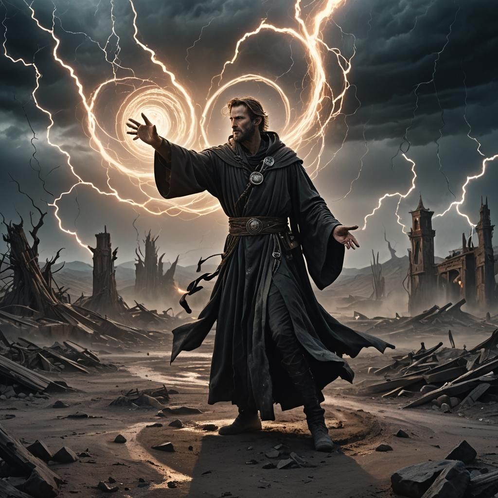Sorcerer Summons Vortex in Dark Fantasy Landscape