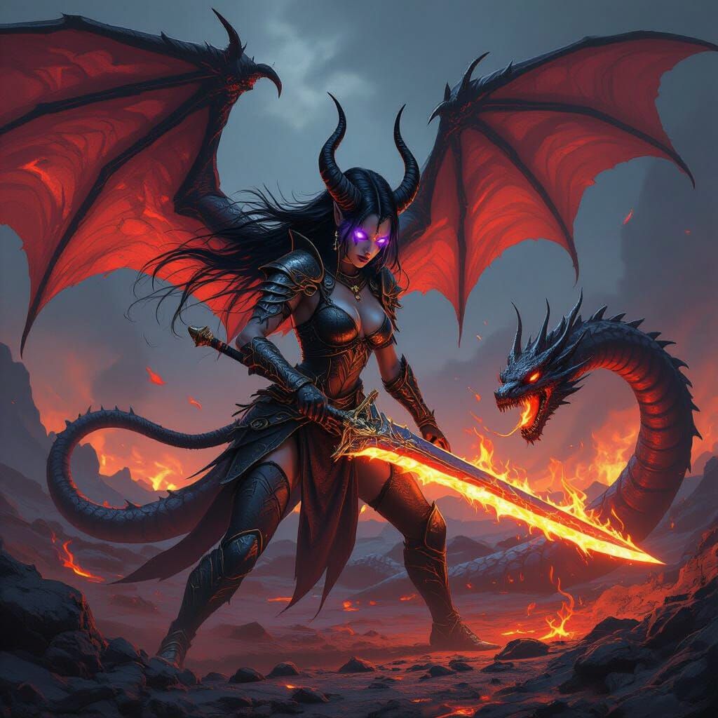 She-Devil Warrior Battles Hydra in Volcanic Wasteland