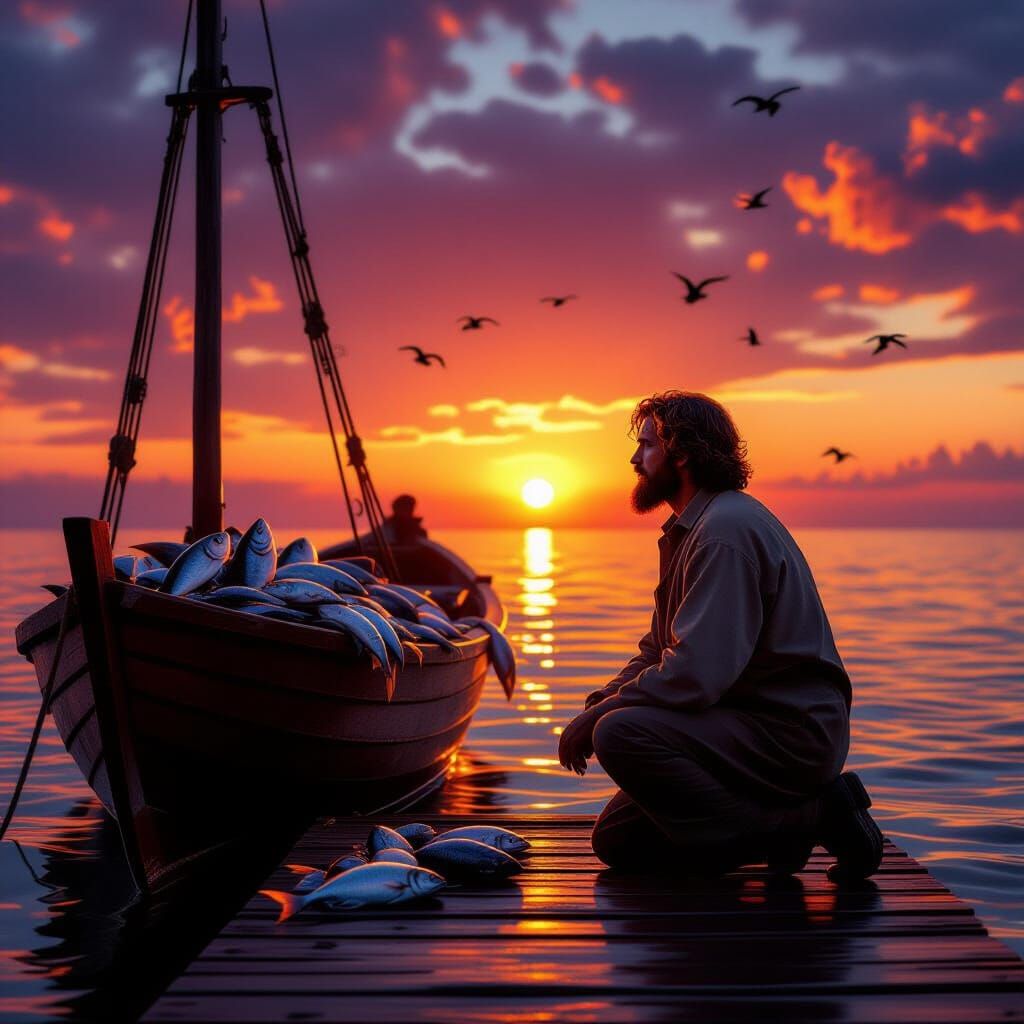 Simon-Peter Kneels Before Jesus at Sunset