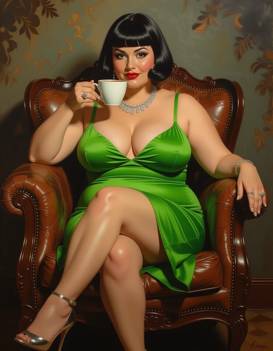 Curvy Egyptian Woman In Green Minidress Sipping Coffee