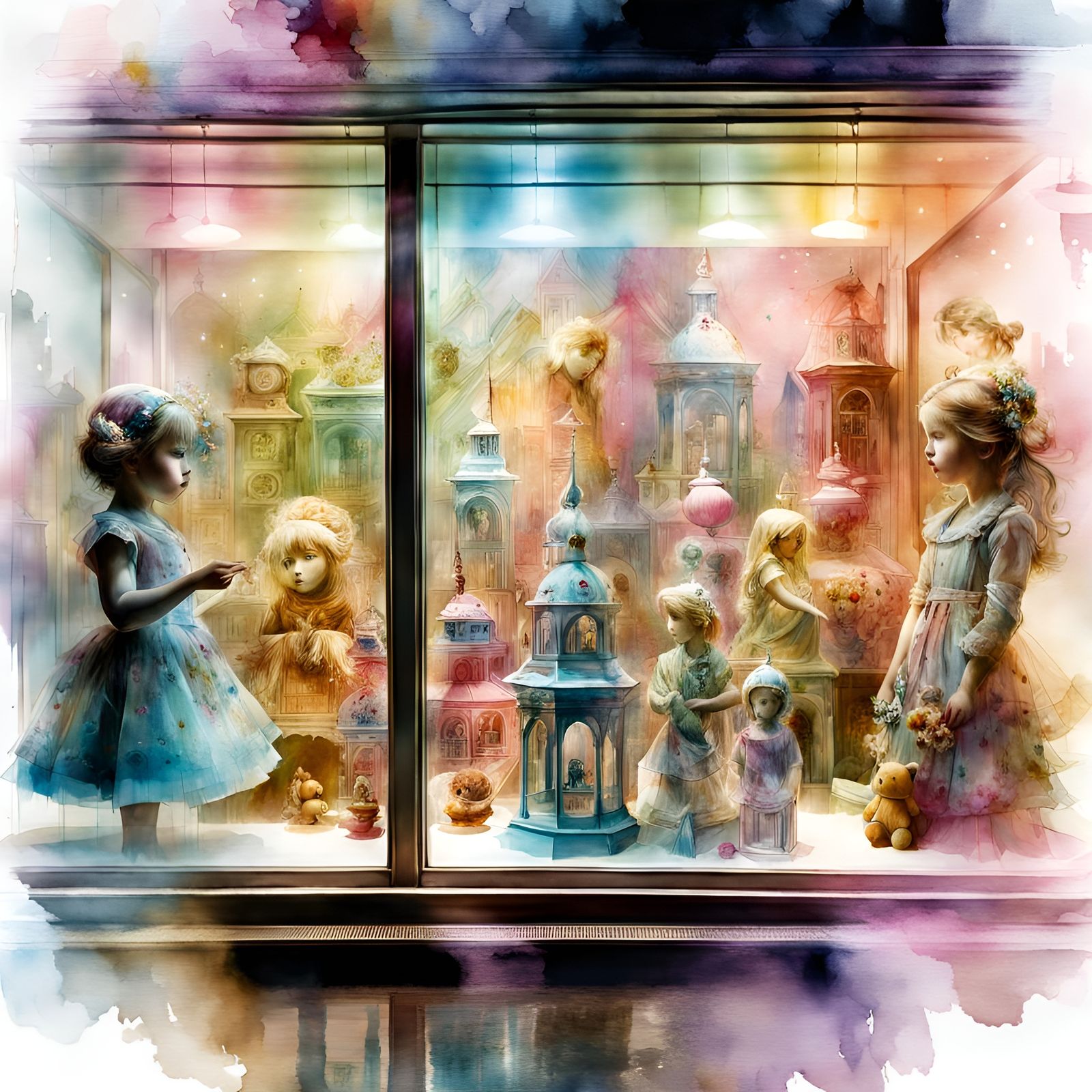 Watercolor Toy Shop Window Display Art