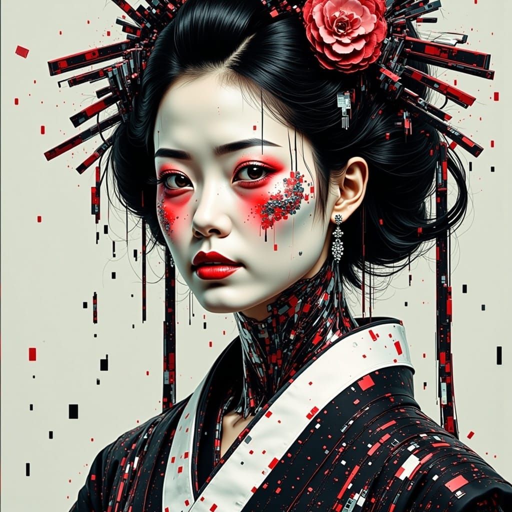 Geisha Cyborg in Distressed Glitch Art Style