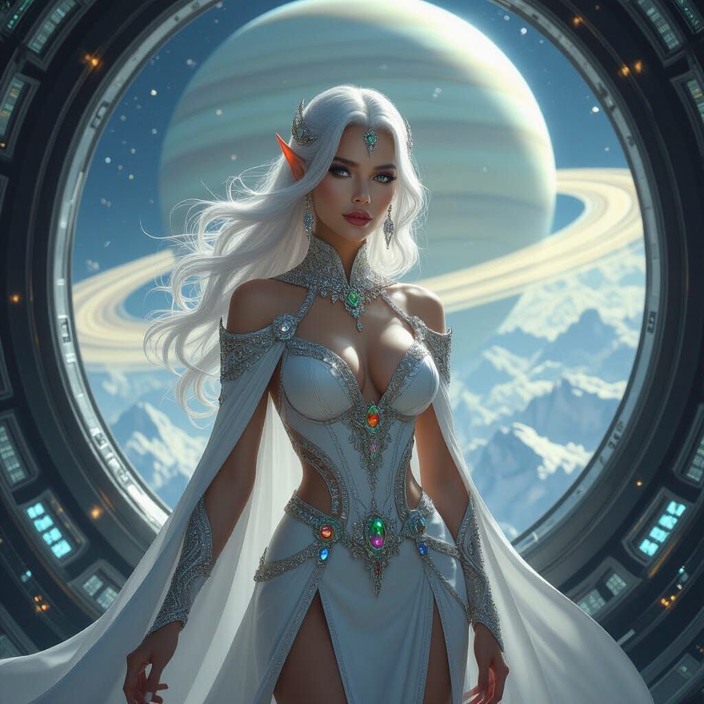 Elven Space Queen Orbiting Saturn in Hyperrealistic Sci-Fi
