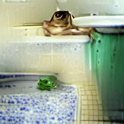 Cartoon Frog Waits for Bath Time