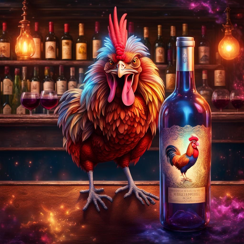 Wine Rooster Opens Wine Bottle, Astral Illustration