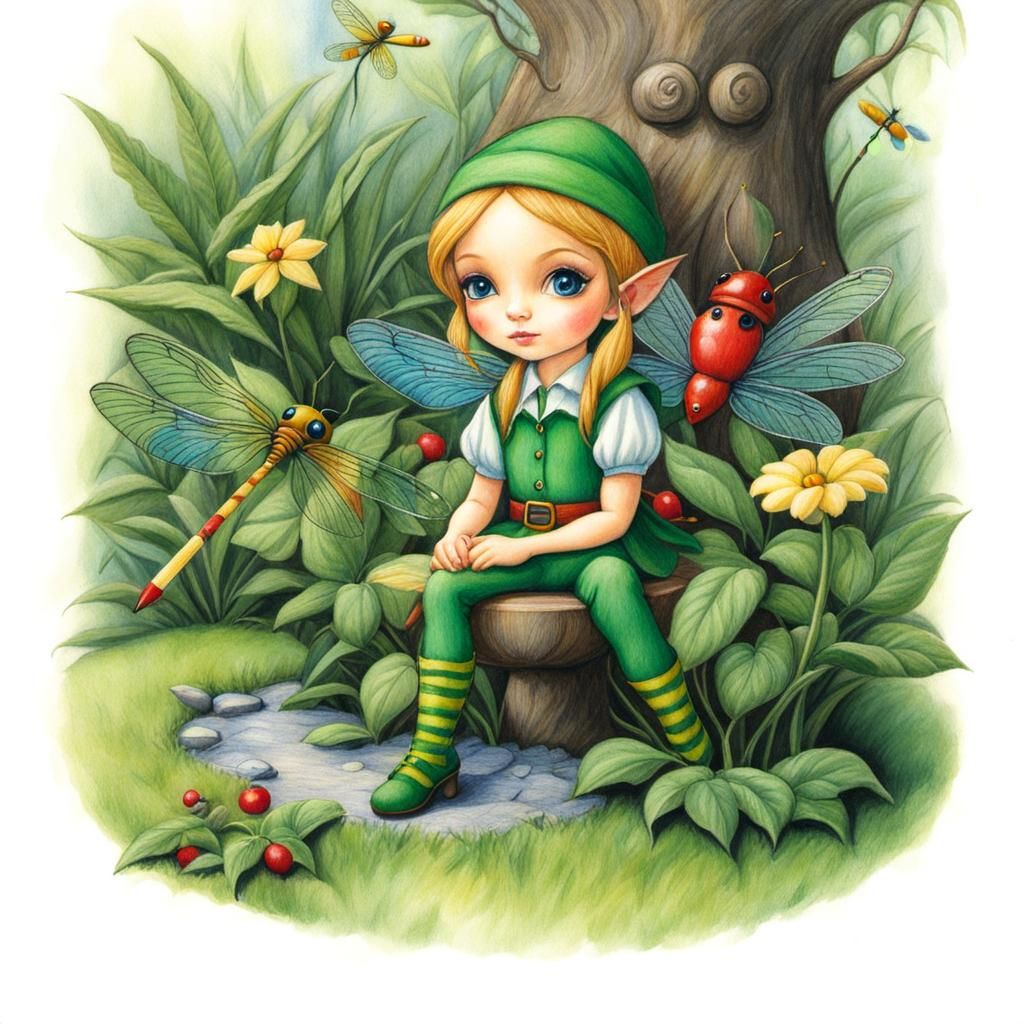 Chibi Elf in Whimsical Garden: Colourful Pencil Sketch