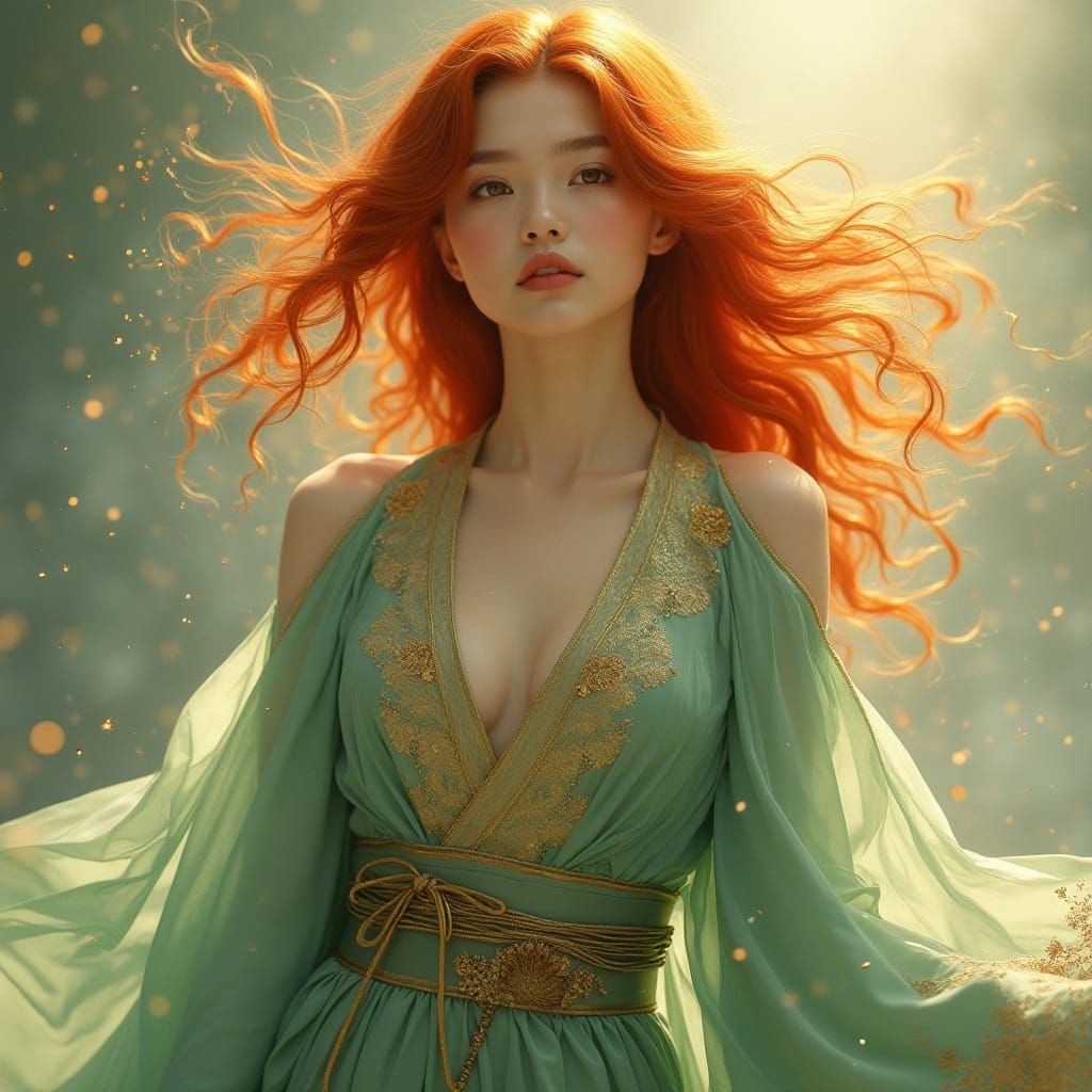 Ethereal Asian Goddess in Sage Green Robe with Golden Skin a...