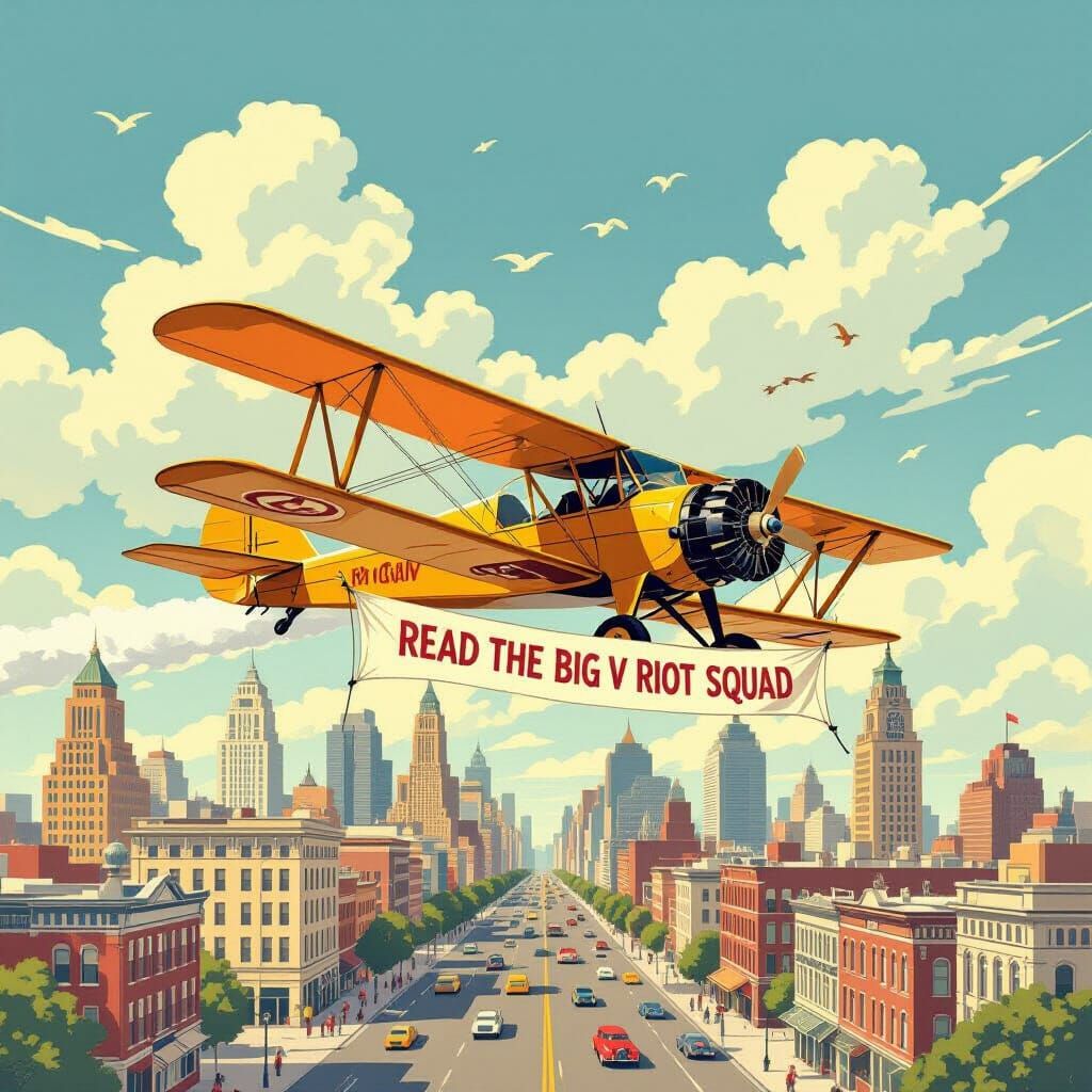 Retro Biplane Banner Over 1920s City