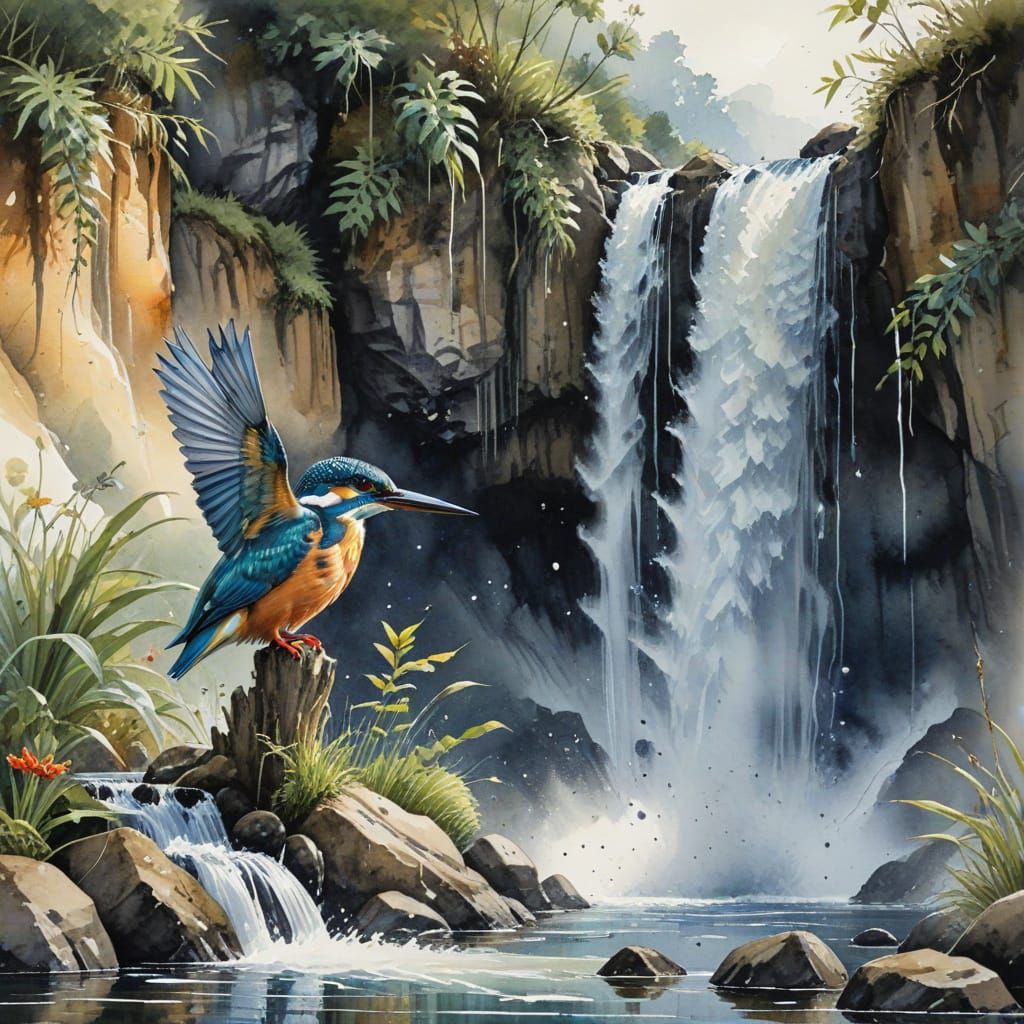 Watercolour Kingfisher Amidst a Serene Waterfall Landscape