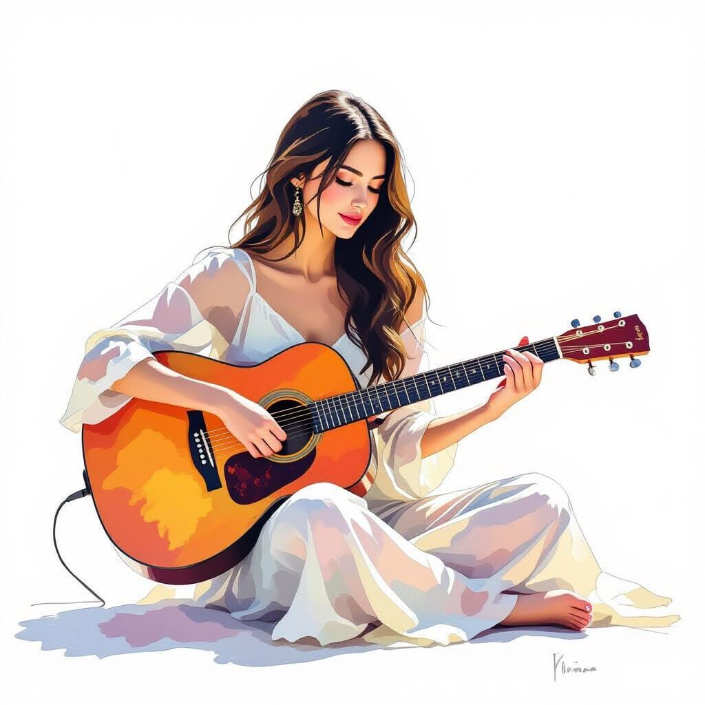 Woman with Guitar in Expressive Watercolor Style