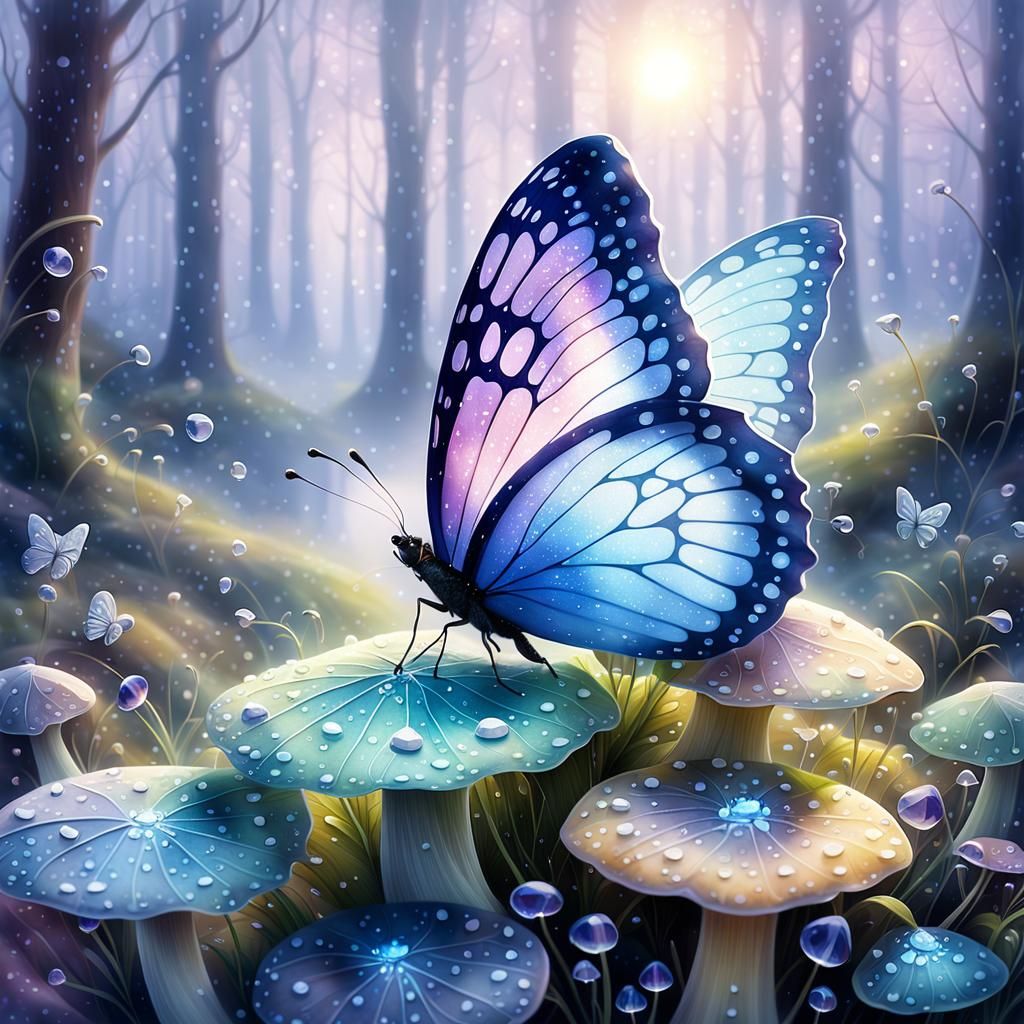 Butterfly Alighting on Mushroom in Watercolor Style
