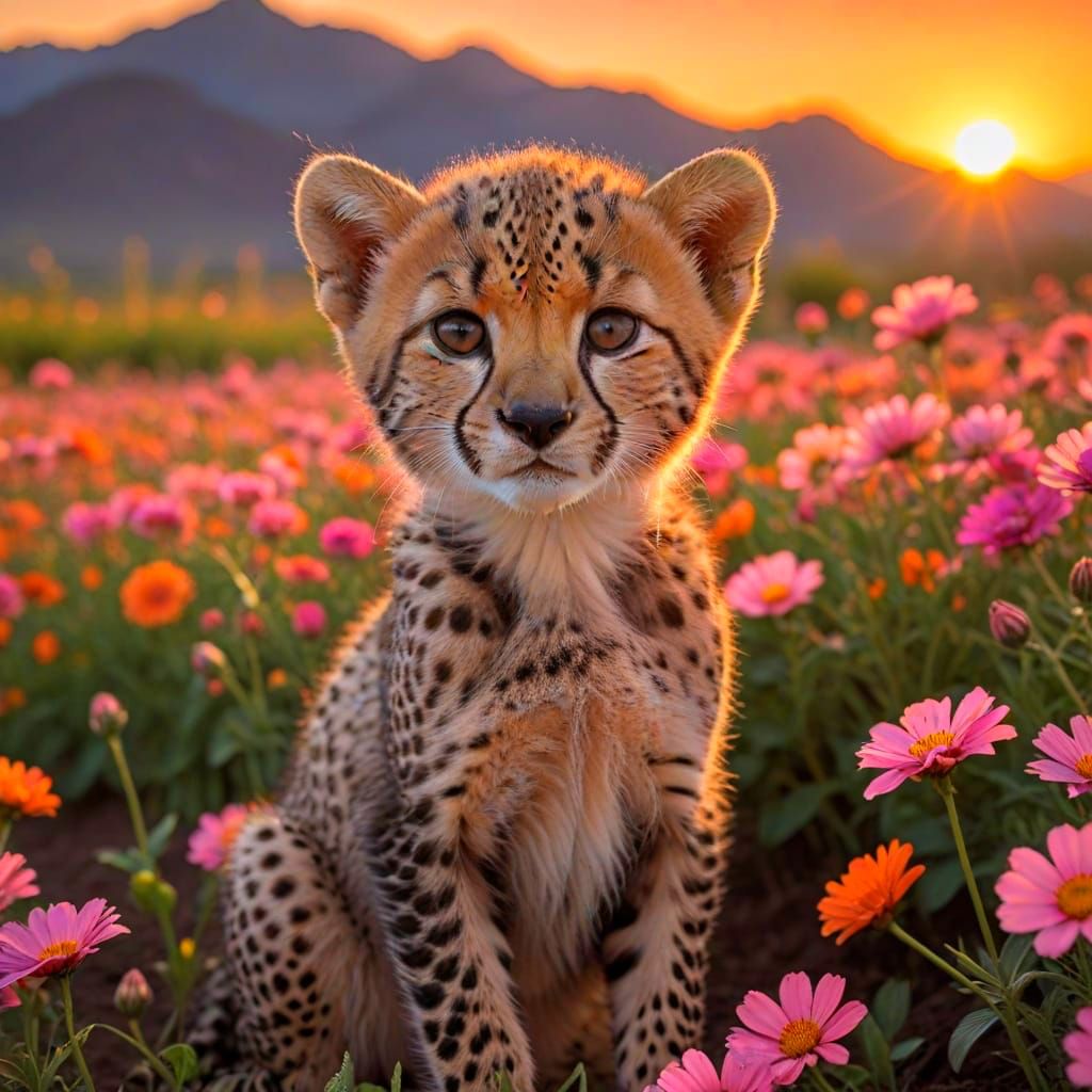 Vibrant Sunset Scene with Cheetah Kitten in Arizona Flower F...