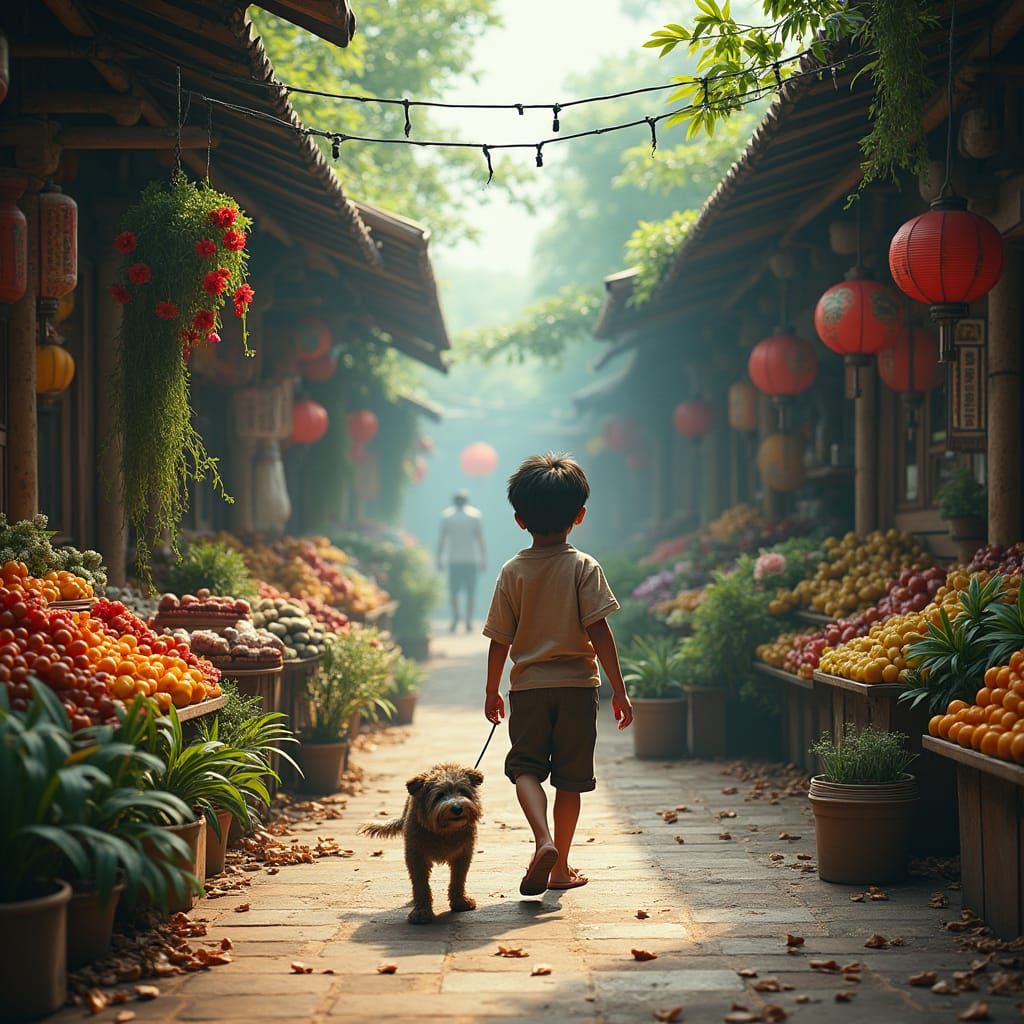 Boy and Dog in Mystical Market, Detailed Matte Painting
