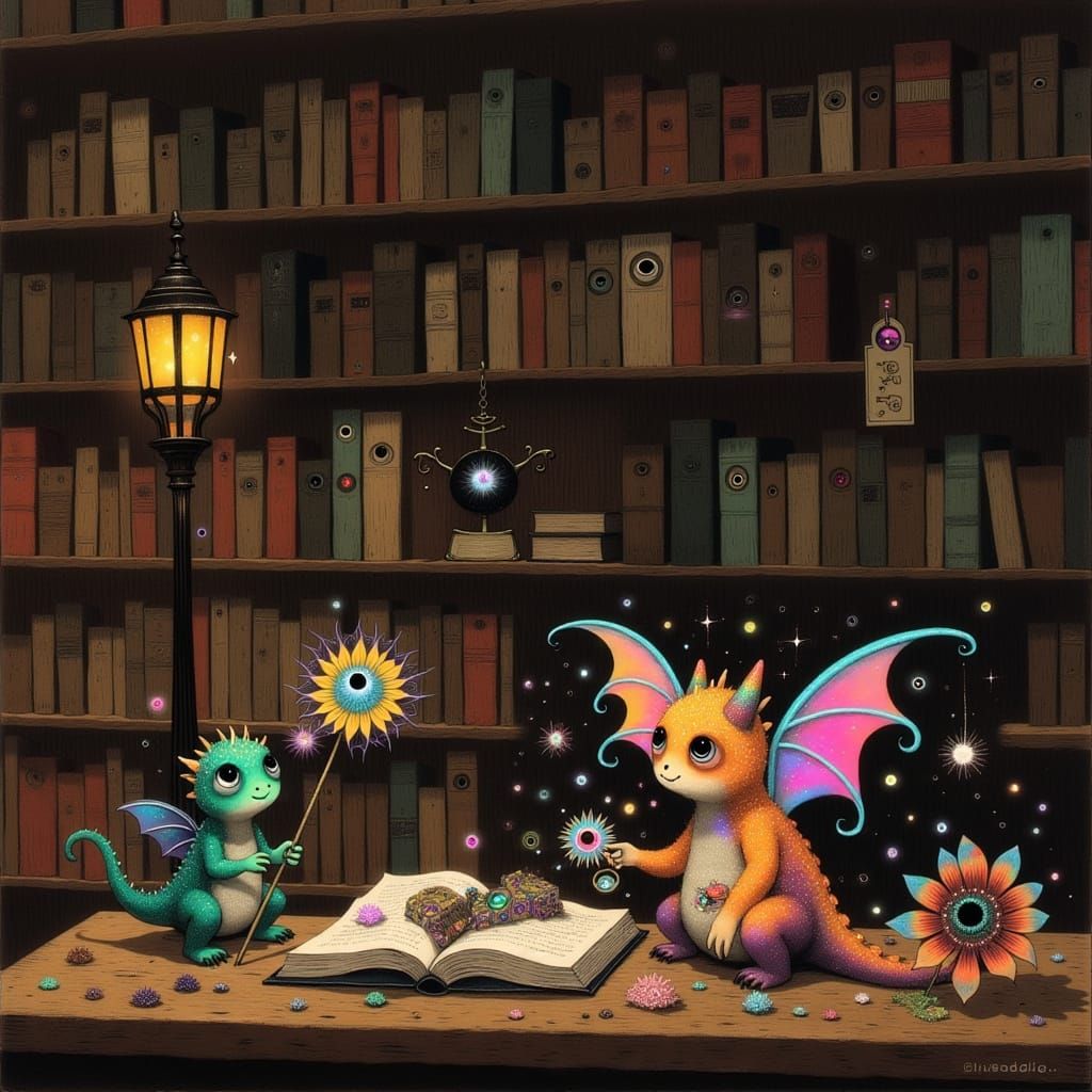 Whimsical World of Dragons and Treasure in a Cozy Library