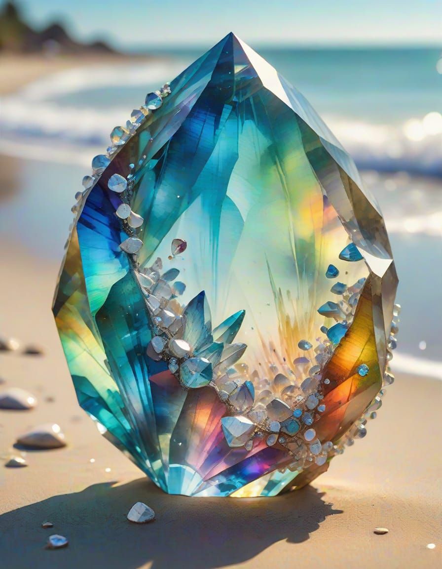 Radiant Crystal Beach Sculpture in Watercolor Style