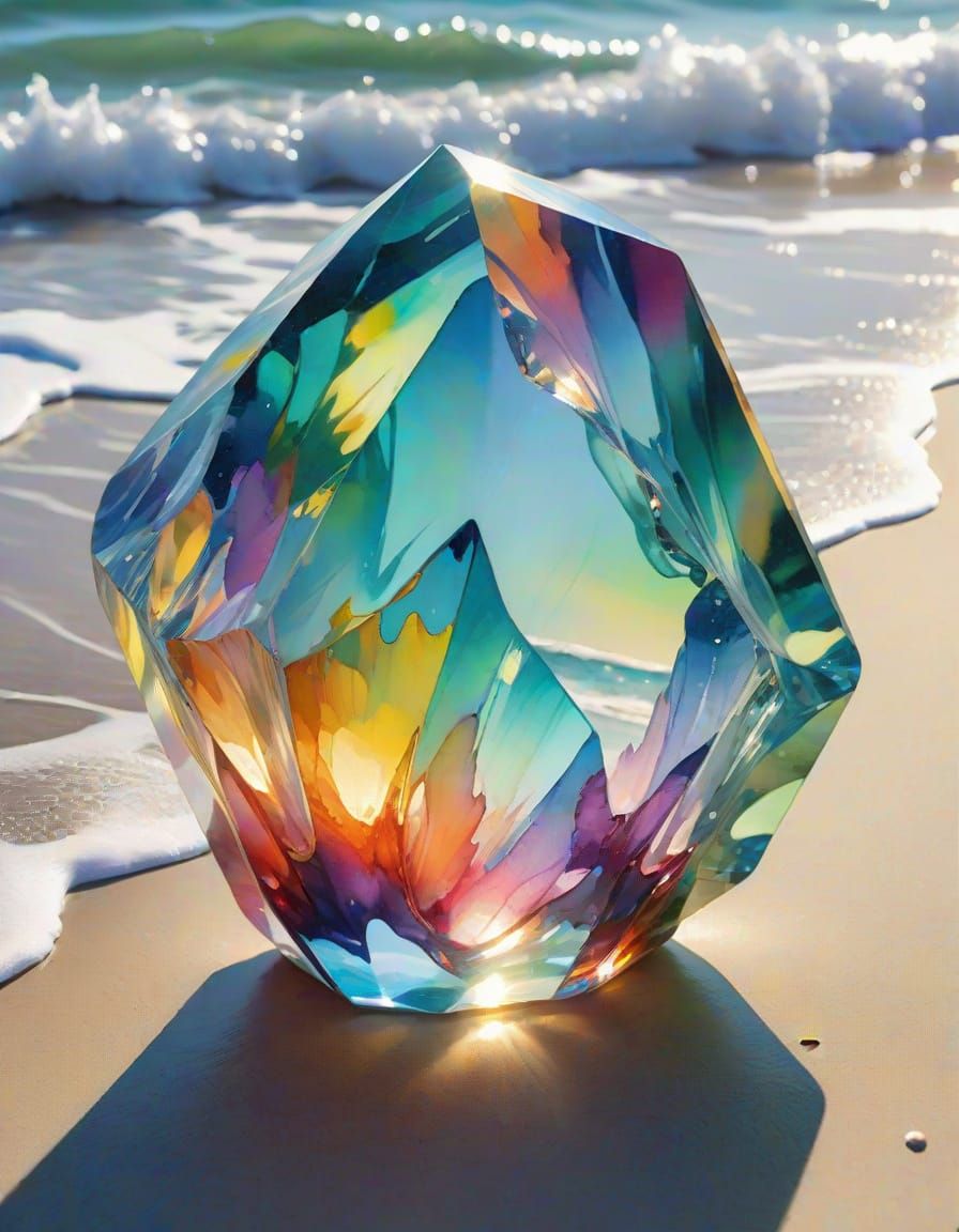 Radiant Crystal Glass Sculpture on Beach, Watercolor Art