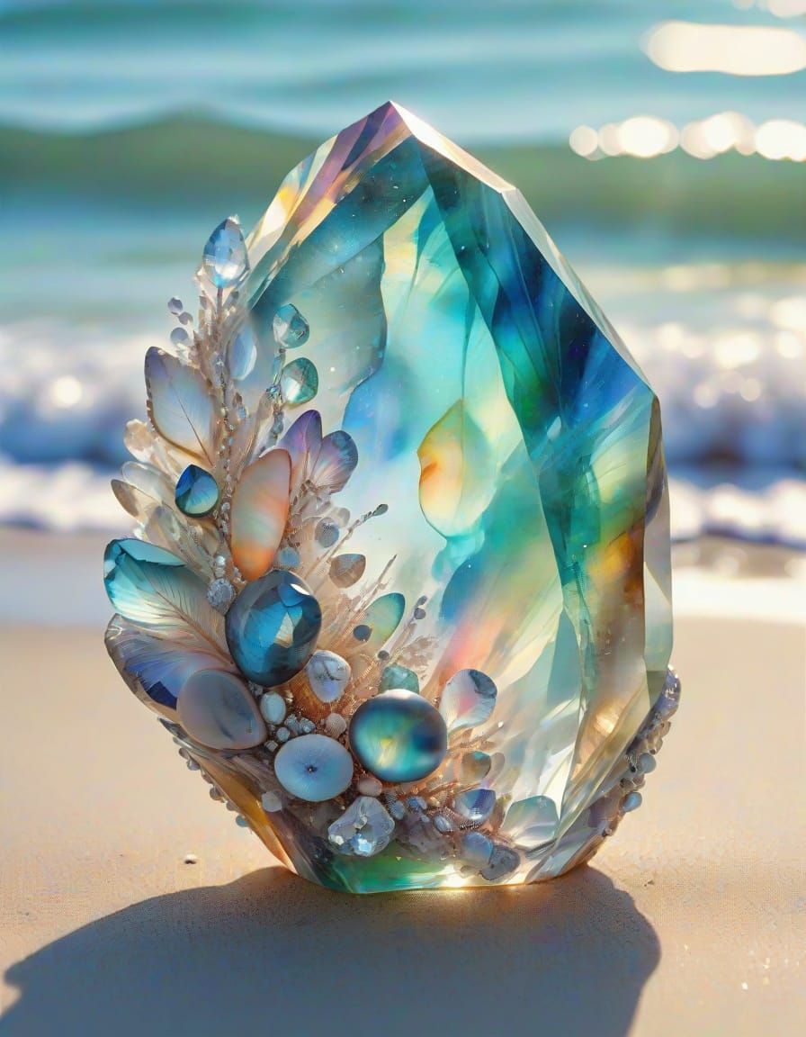 Radiant Crystal Beach Sculpture in Watercolor Style