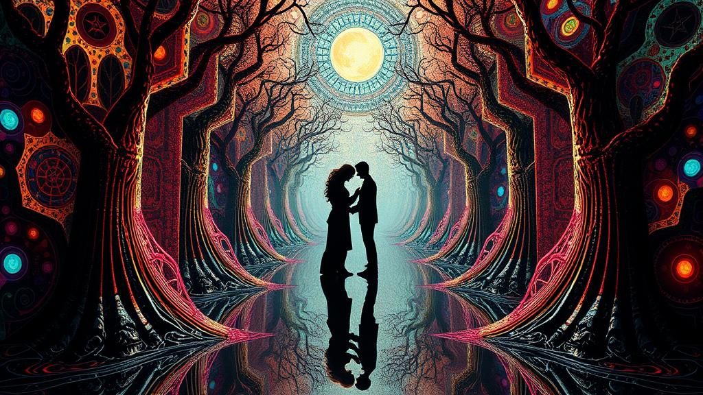 Surreal Symmetrical Landscape with Abstract Vector Fractals