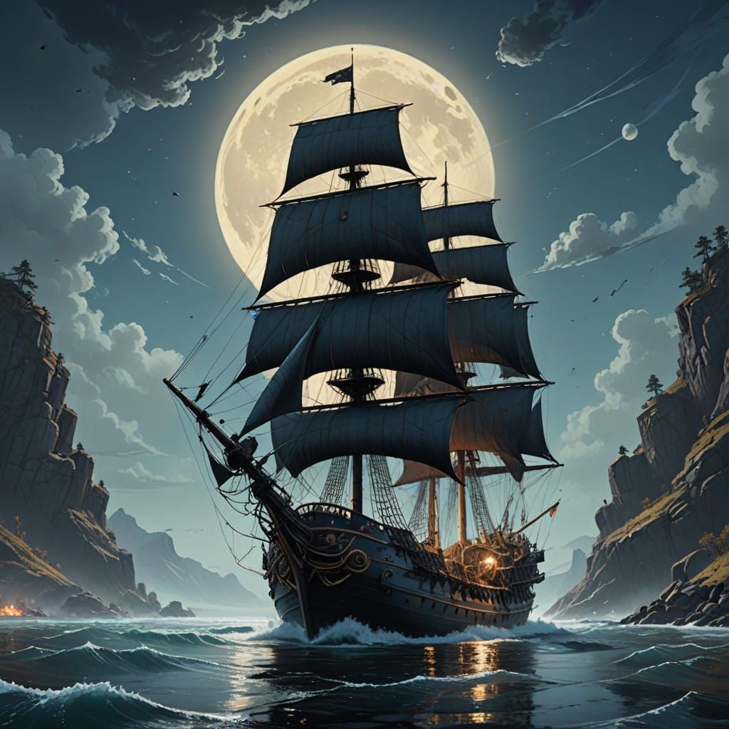 Hyperrealistic Corsair Boat in Moonlit Ocean