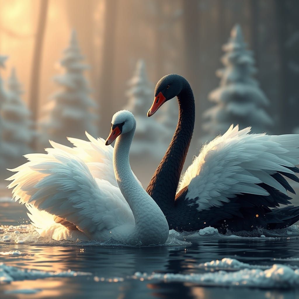 Fantastical Winter Scene: Black Swan and White Swan in Chris...