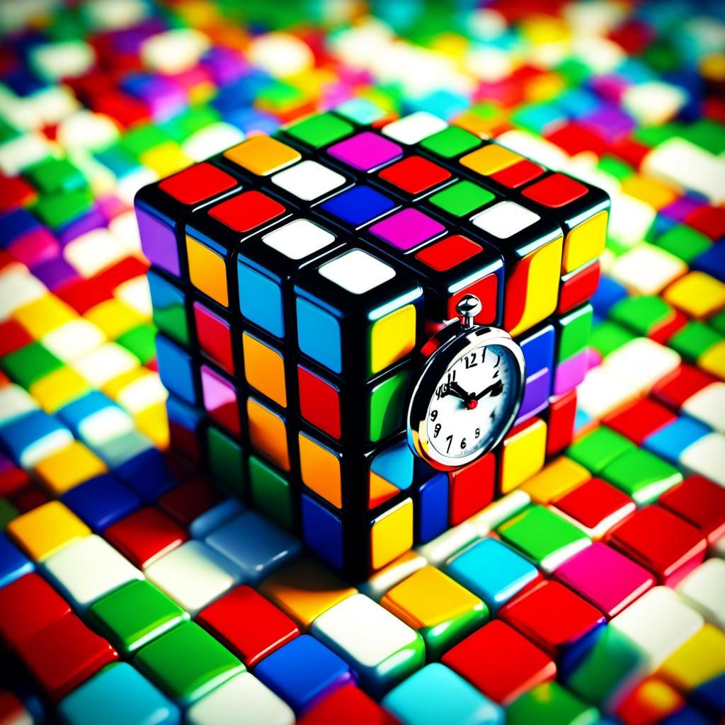 Retro 3D Rendering of Rubik's Cube with Clock