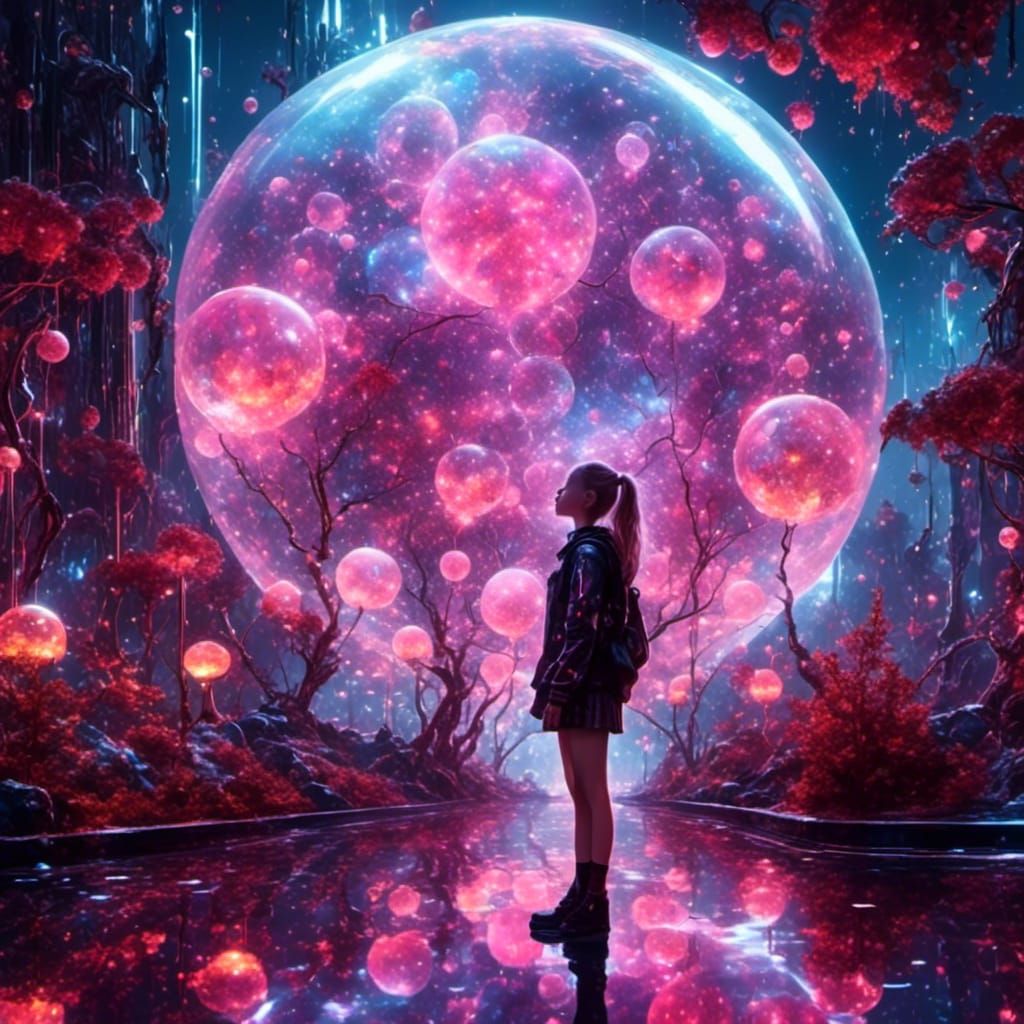 Cyborg Girl Plays in Bioluminescent Cyberpunk Park