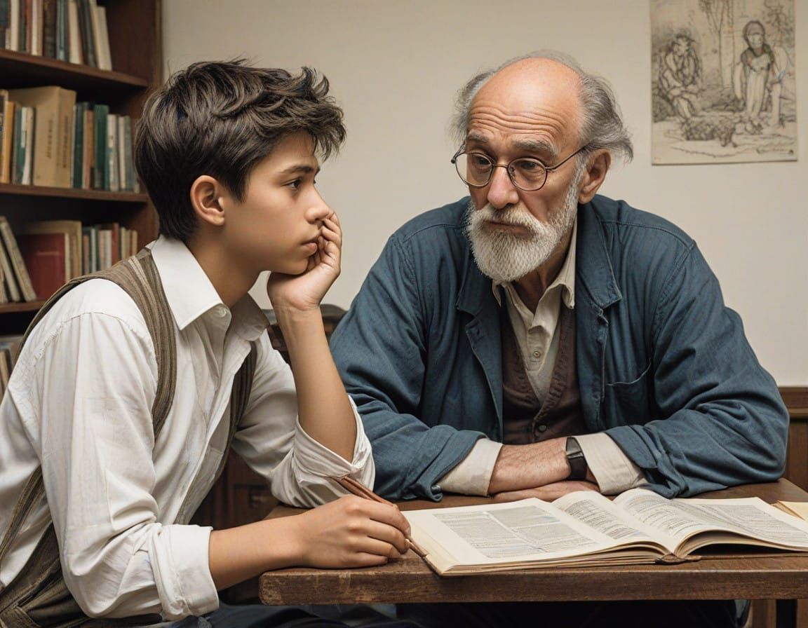 Intricate Portrait of a Young Student and His Teacher in a W...