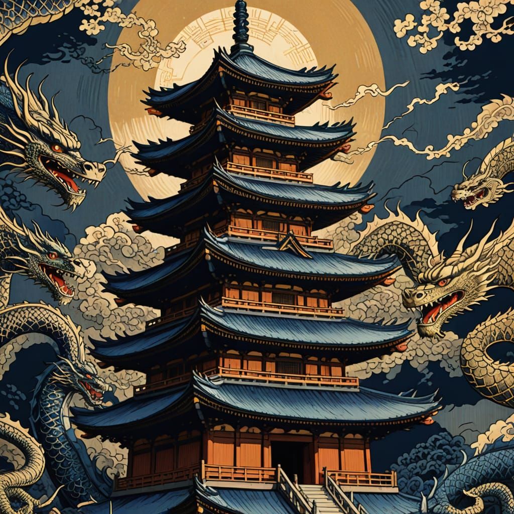 Ukiyo-e Style Pagoda Guarded by Dragons