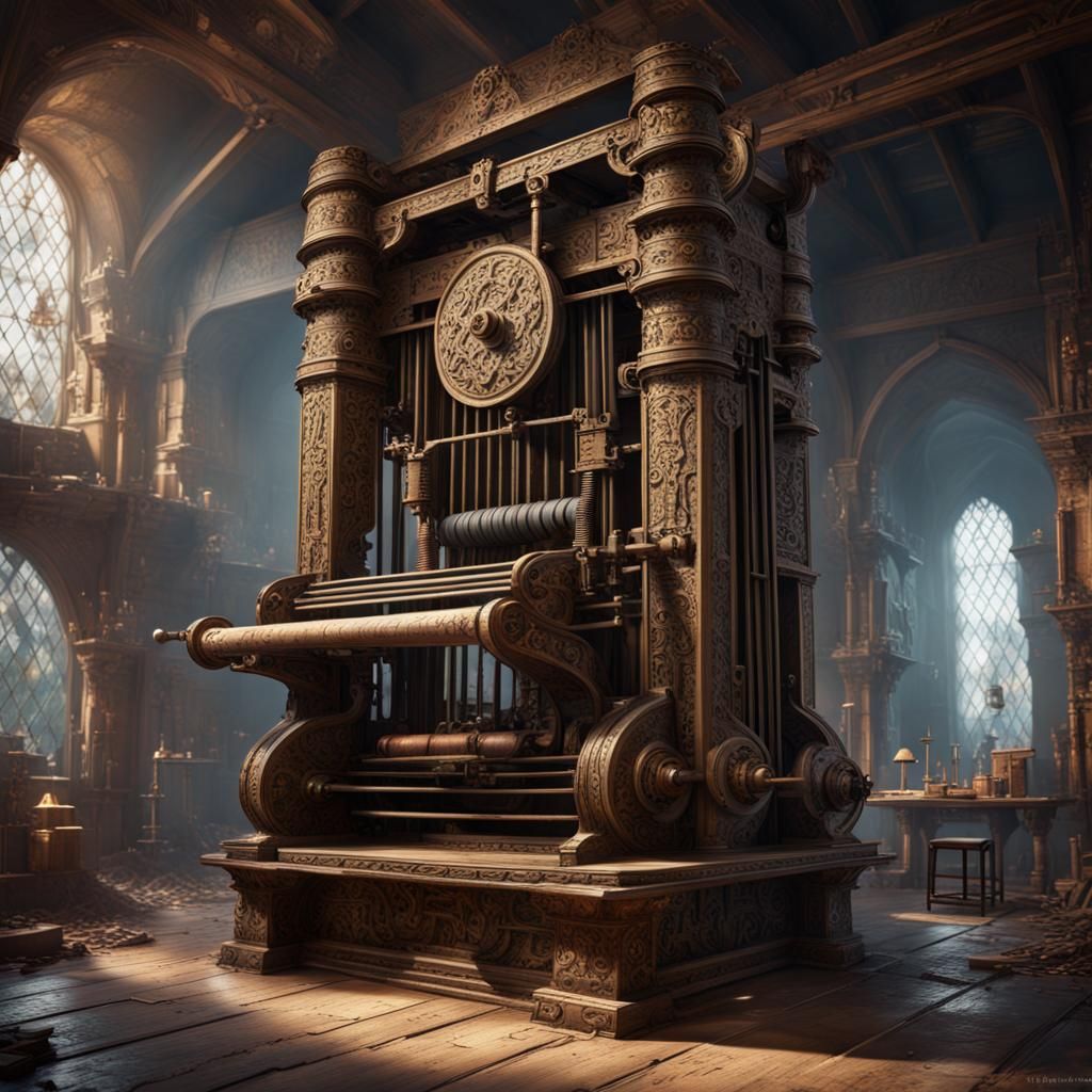 Ancient Printing Press: Detailed Matte Painting Concept Art