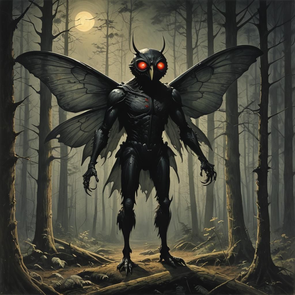 Mothman in Forest at Night, Cryptid Art