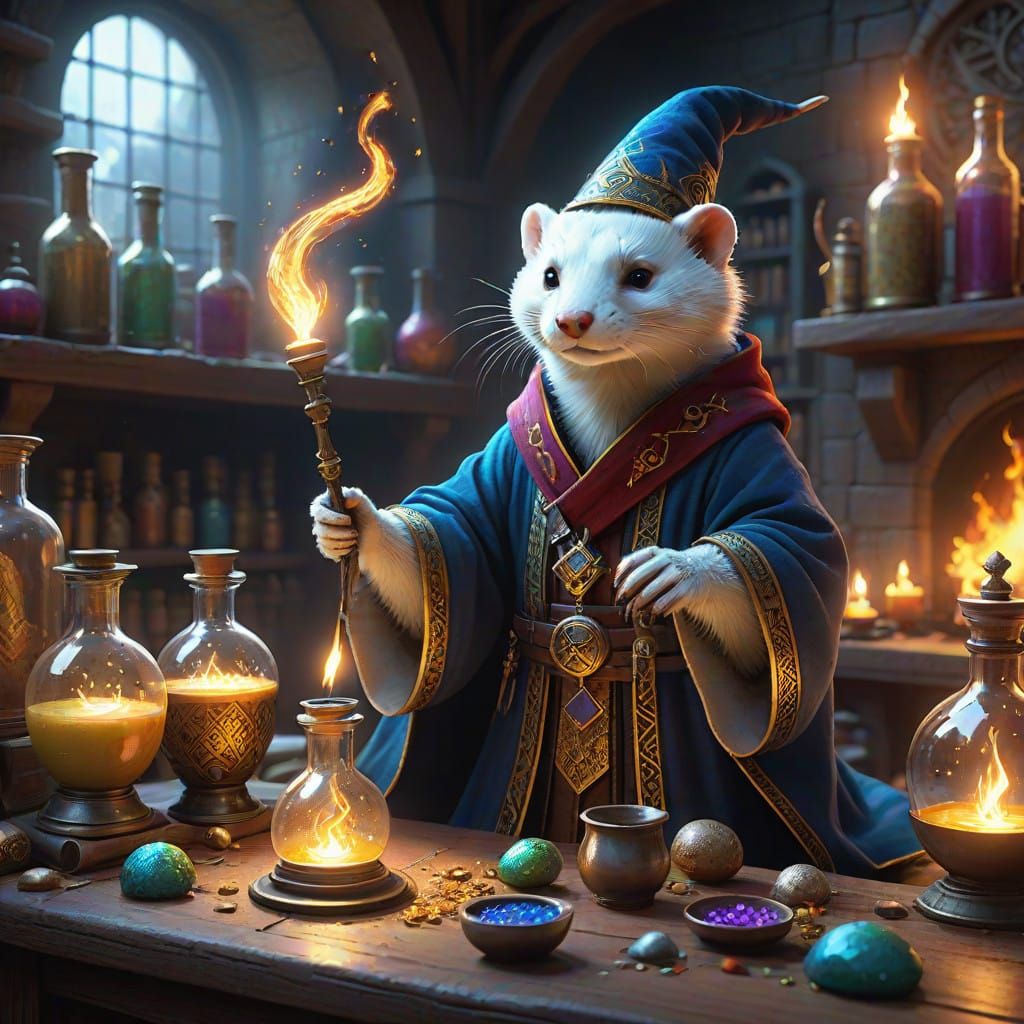 Surreal Wizard Brews Potion in Whimsical, Golden-Lit Lab