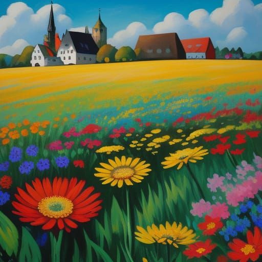Vibrant Flower Meadow in German Expressionist Style