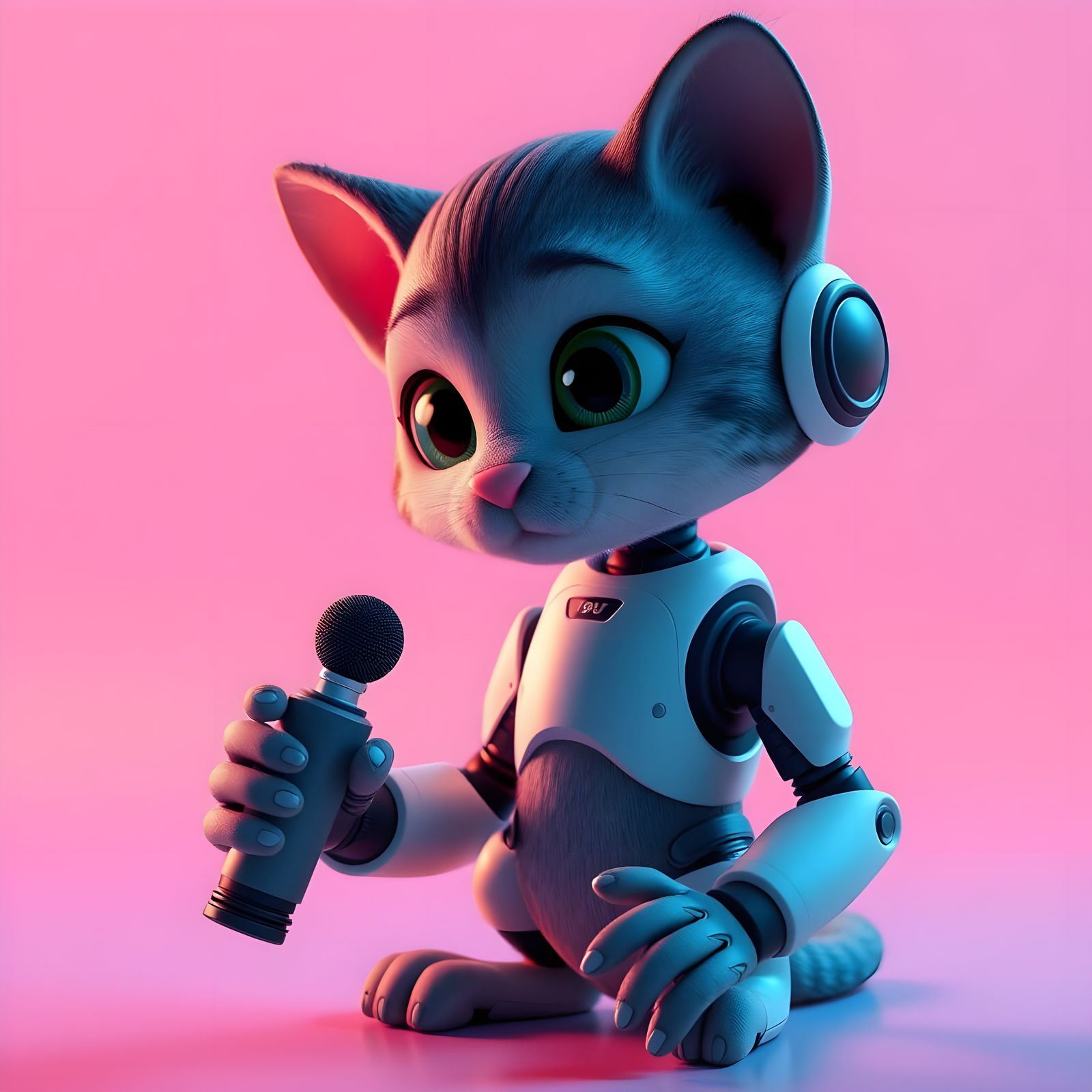 A Kitten Observes a Robot in Bright, Colorful Scene