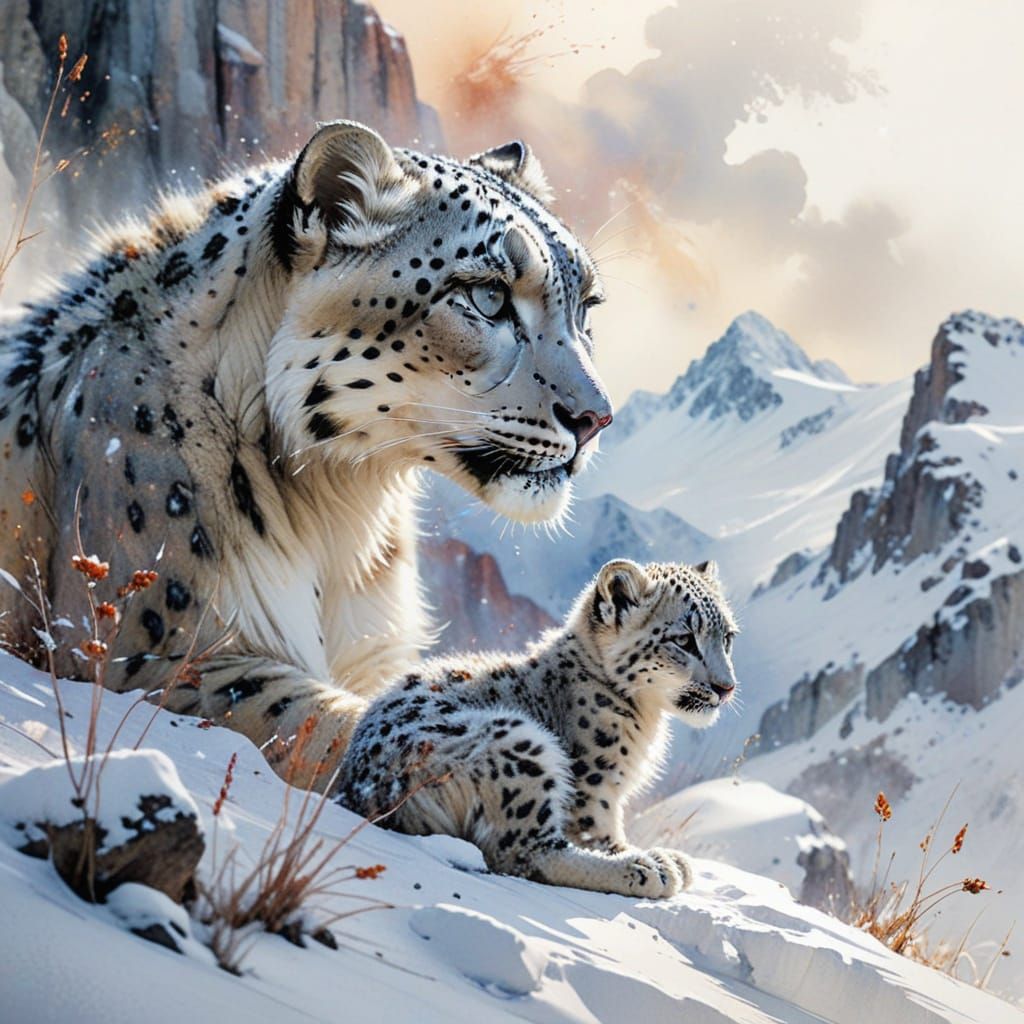 Snow Leopard and Cub on Snowy Path in Watercolor Style