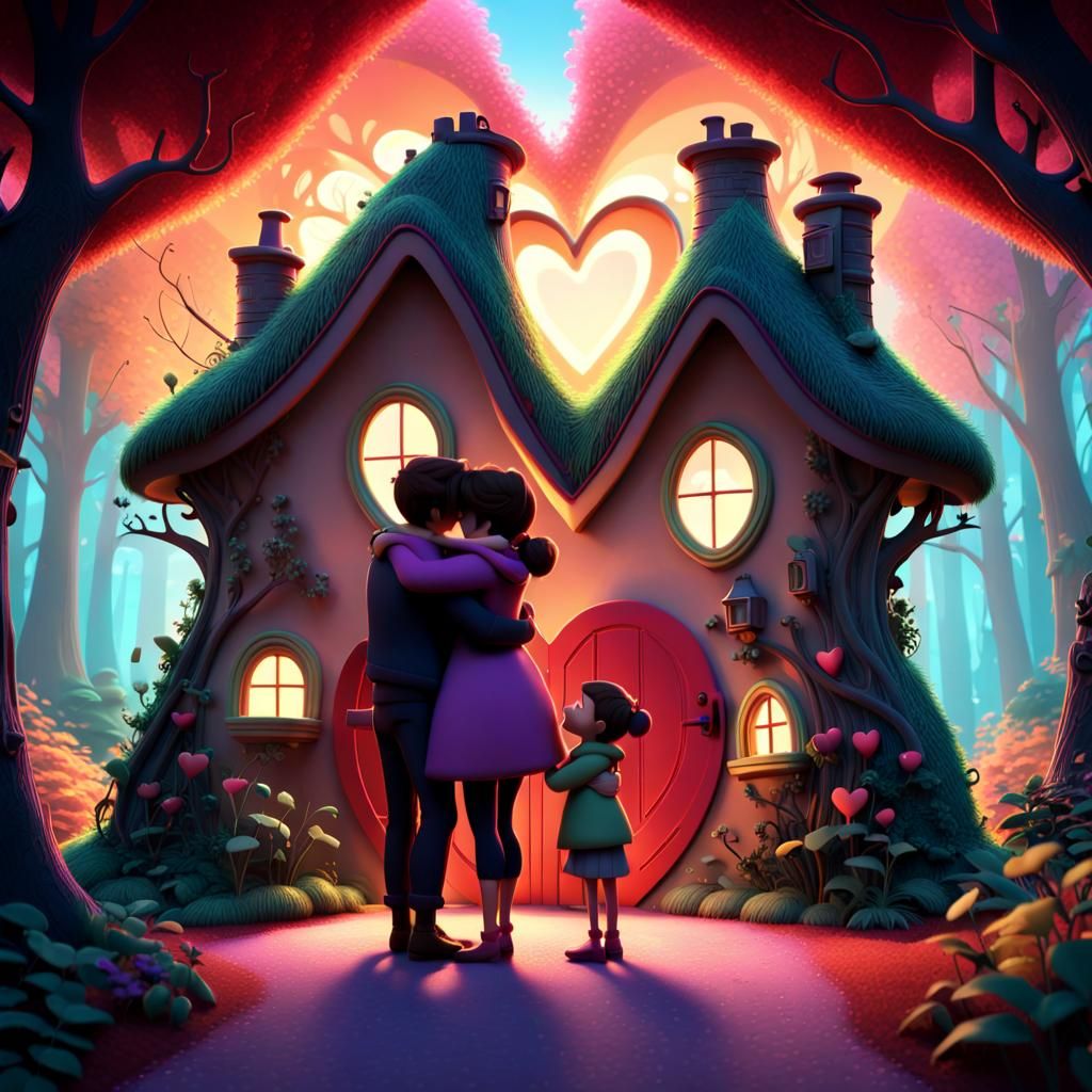 Cozy Heart House in Enchanted Forest: 3D Digital Art
