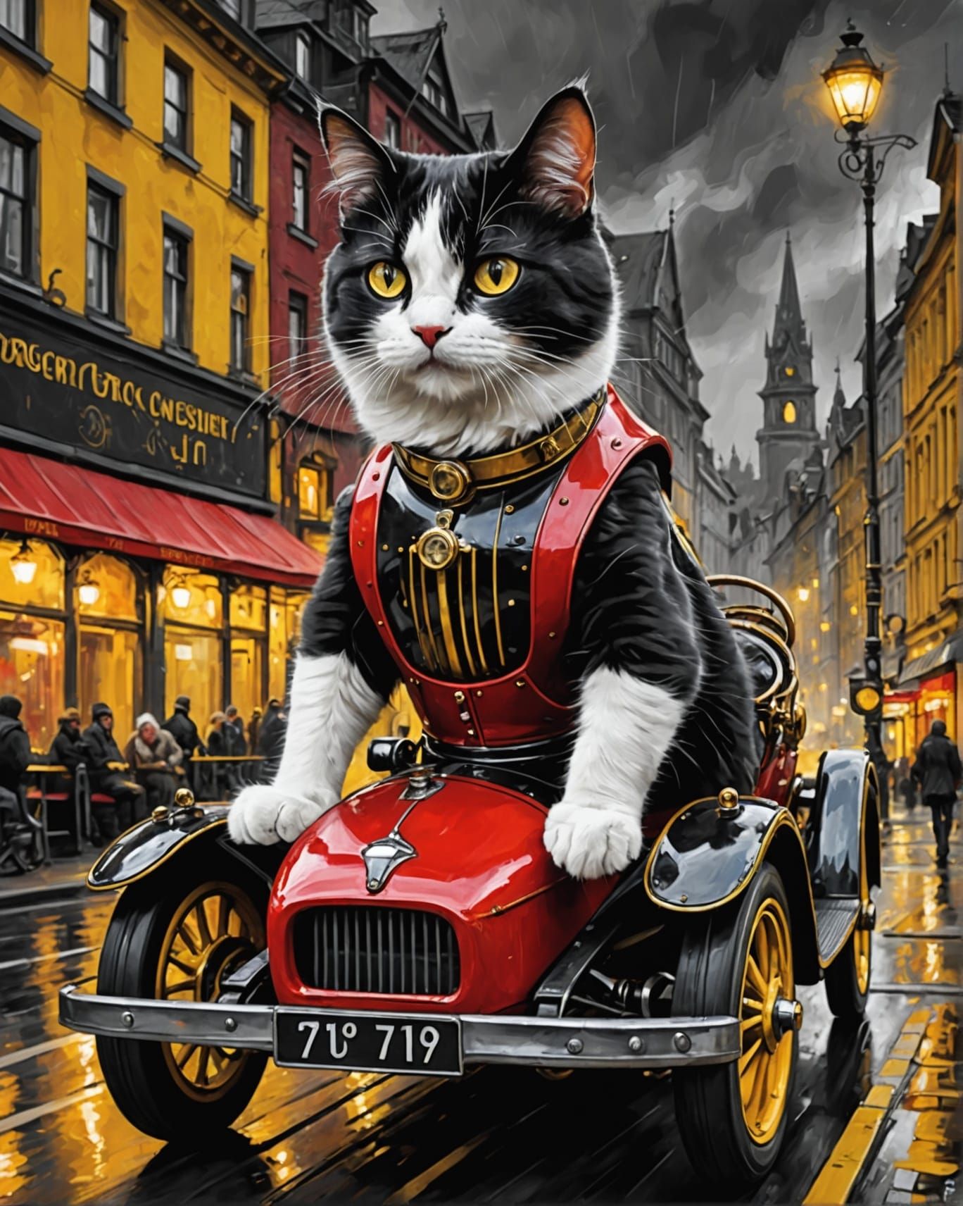 Steampunk Cat Drives Racing Car: Oil on Canvas