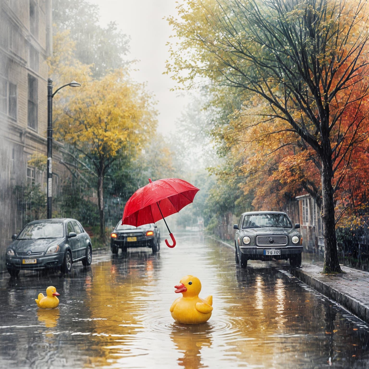 Surreal Rubber Duck Finds Refuge in Autumn Storm
