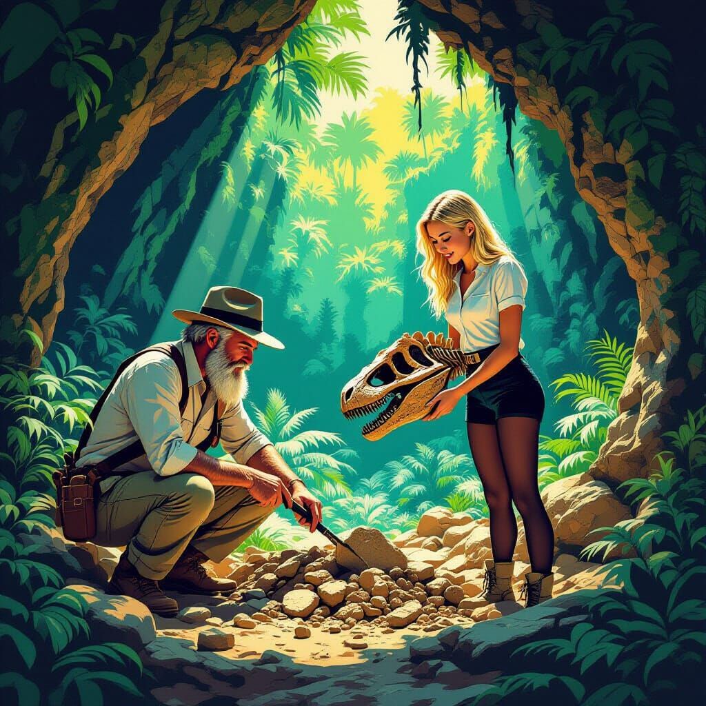 Archaeologist and Girl Excavate Fossil in Jungle, Pop Art St...