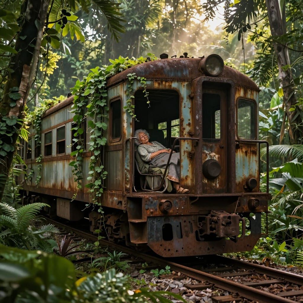 Abandoned Jungle Train with Sleeping Passenger in Hyperreali...