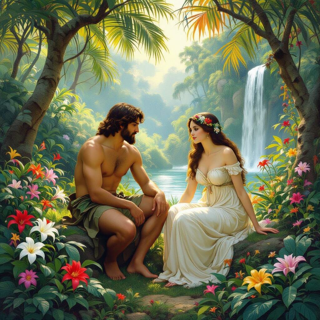 Adam and Eve in Lush Garden, Serene Waterfall