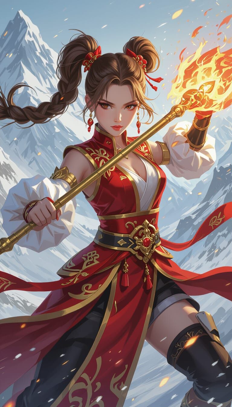 Fantasy Woman Wielding Fiery Mace in Snowy Landscape