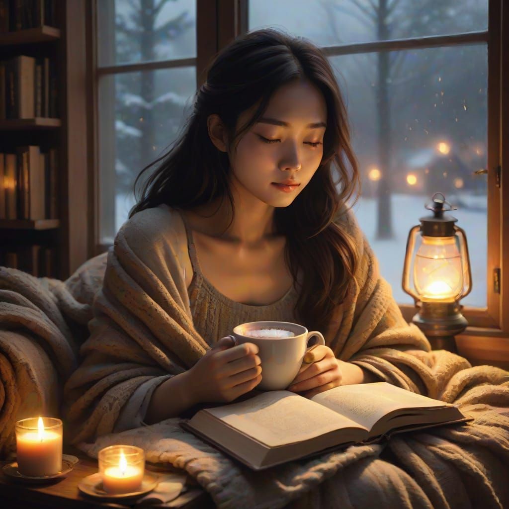 Cozy Teenage Girl in Warm Lamplight Haven