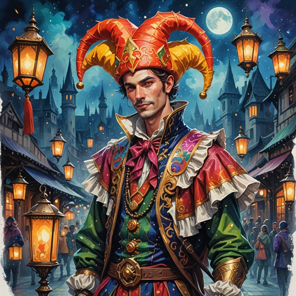 Elegant Adventurer in Jester Costume, Fantasy Portrait