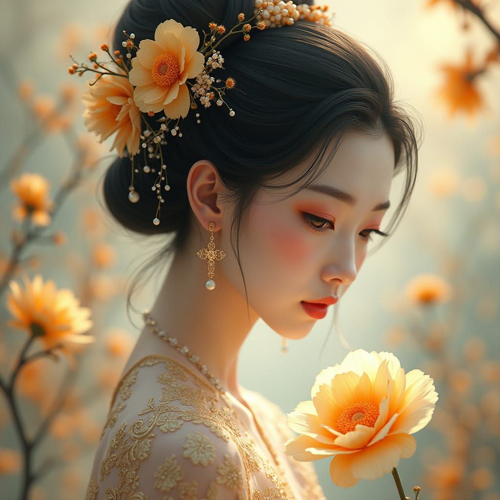 Ethereal Asian Woman in Autumn Garden, in the Style of Fanta...