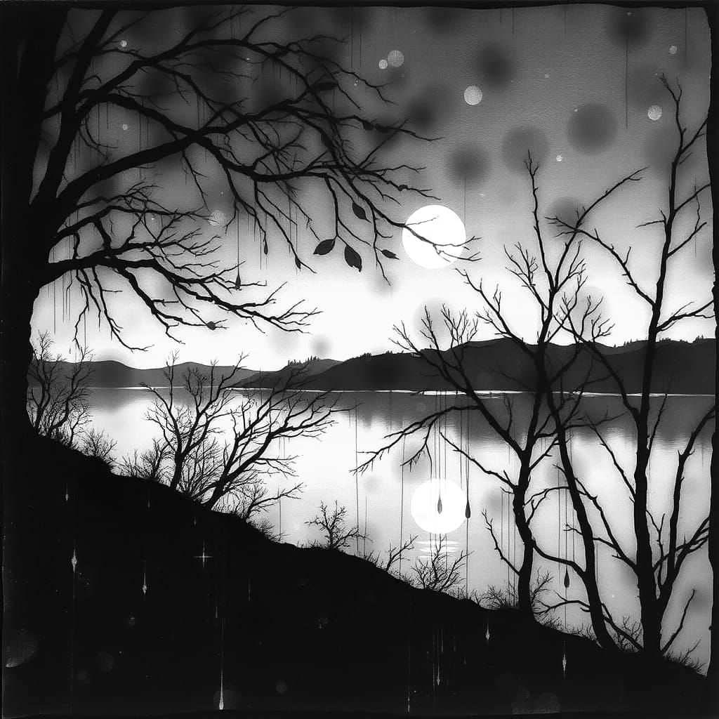 Double Exposure Midnight Horizon with Ink Drips