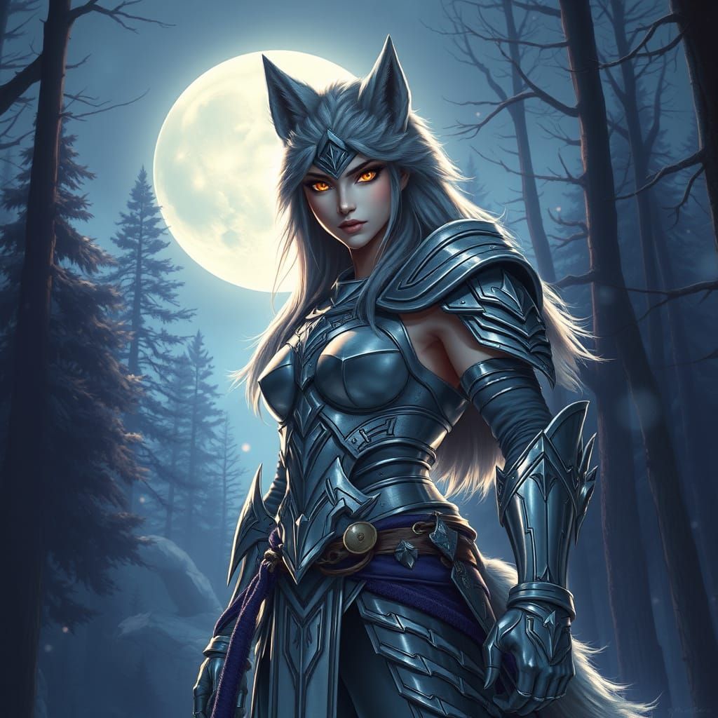 Silver Moonlit She-Wolf Warrior in a Serene Forest Clearing