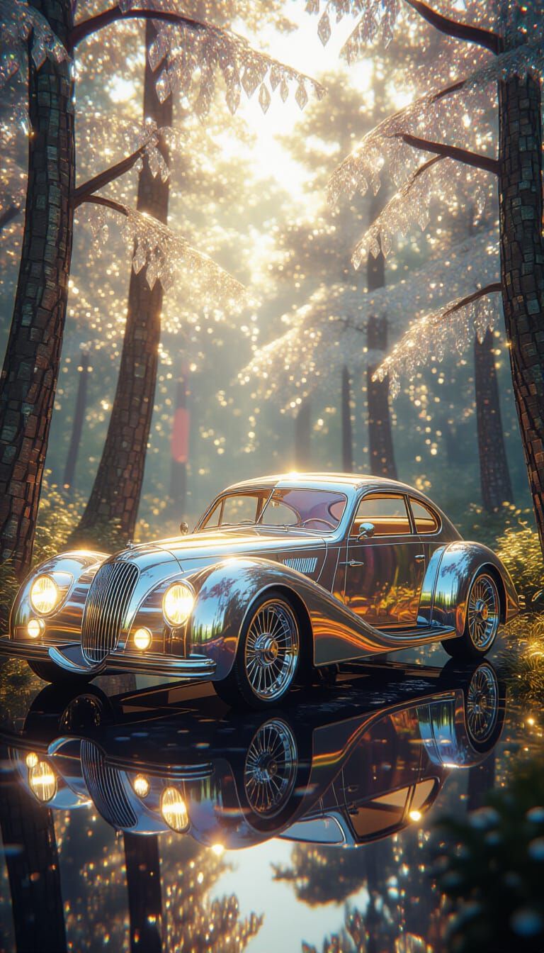 Crystal Car in Magical Forest, Matte Painting