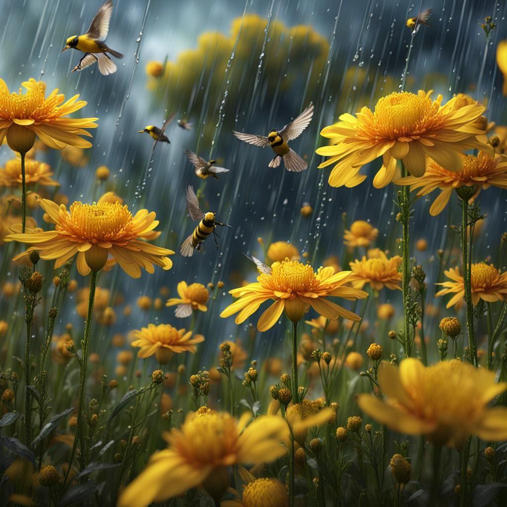 Yellow Flowers with Rain and Birds in Matte Painting