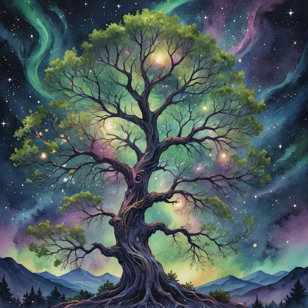 Magical Glowing Tree Under Starry Sky as Watercolor